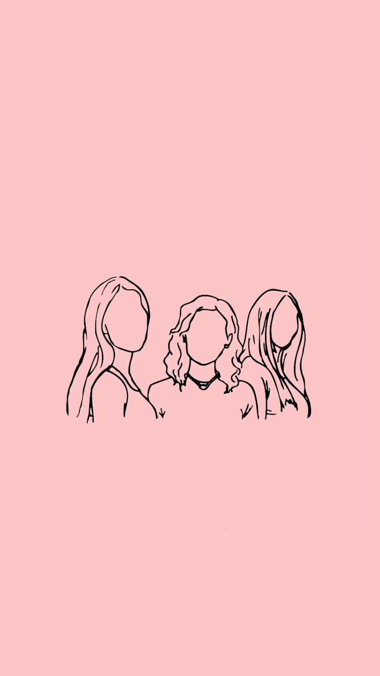 tatlong babae na nakatayo sa harap ng kulay rosas na background Wallpaper