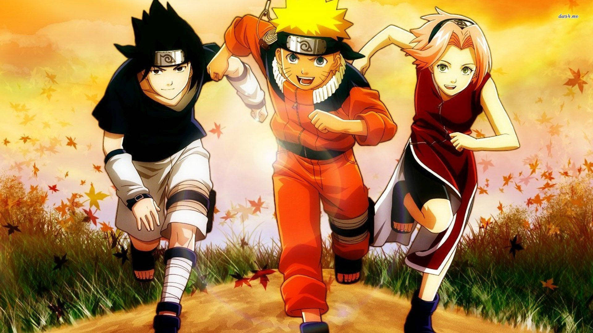 Tatlong batang ninja - sina Naruto, Sakura at Sasuke na tumatakbo nang magkasama. Wallpaper