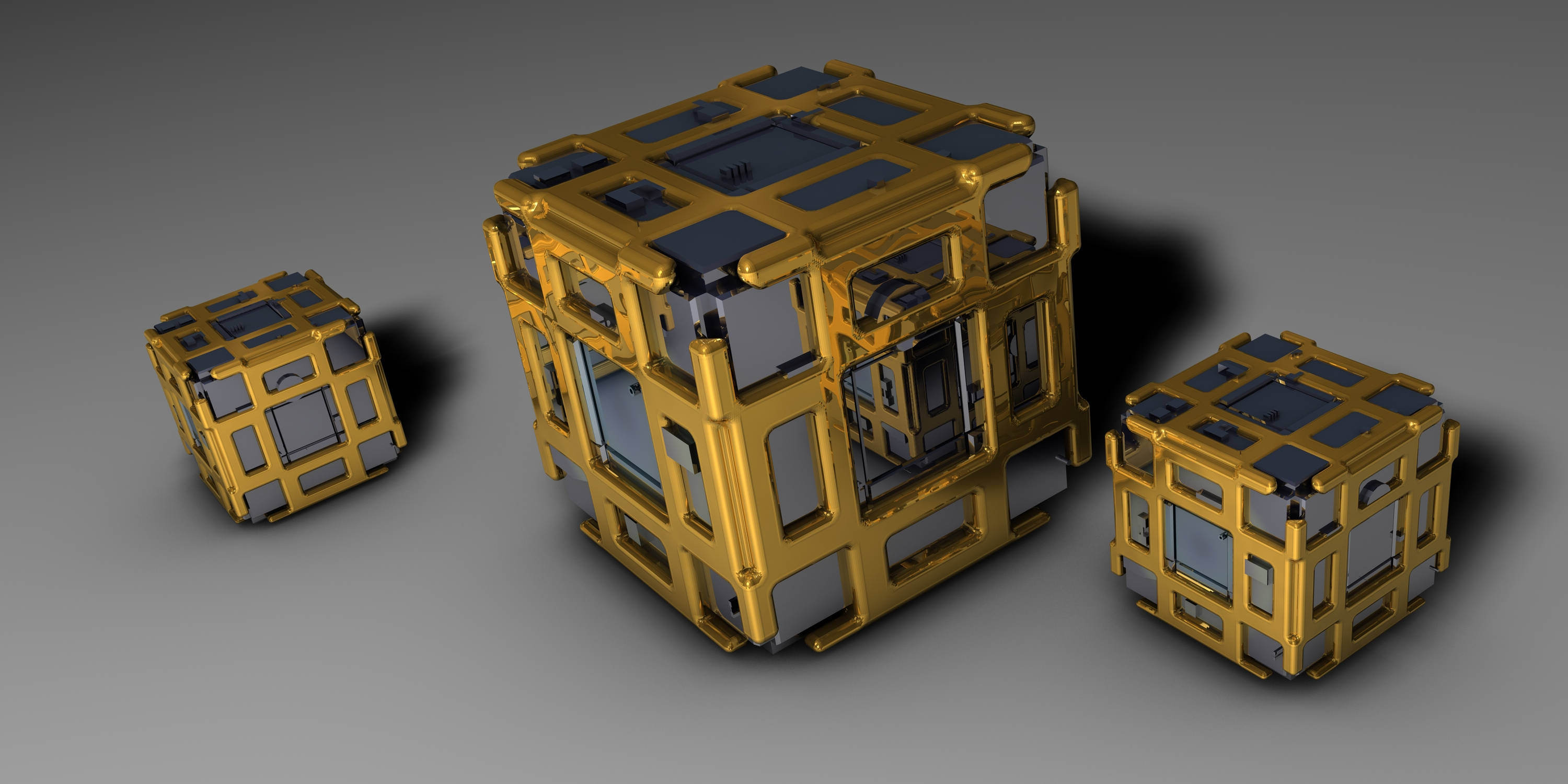 Tatlong Gintong 3D Cubes na Bumubuo ng Isang Nakakaintrigang Disenyo Wallpaper