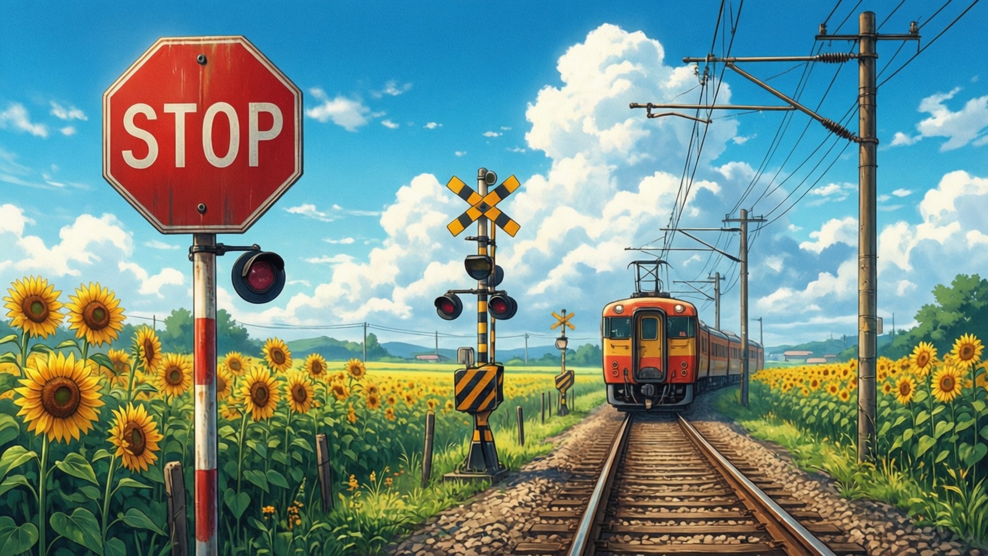 Tawiran ng Tren na may mga Sunflower Wallpaper