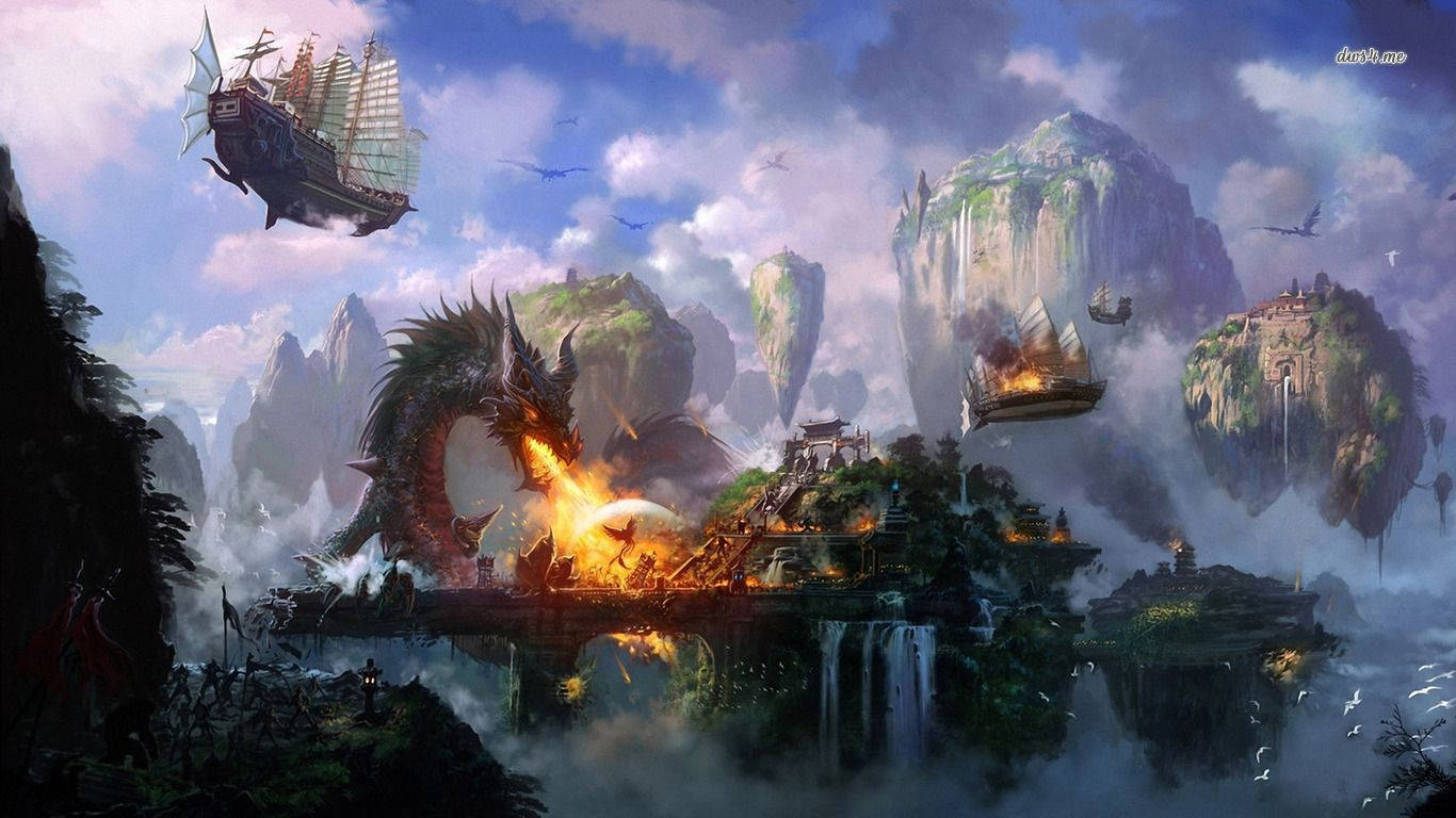 The beauty of Dragon-Fire Floating Islands, as seen from above Wallpaper