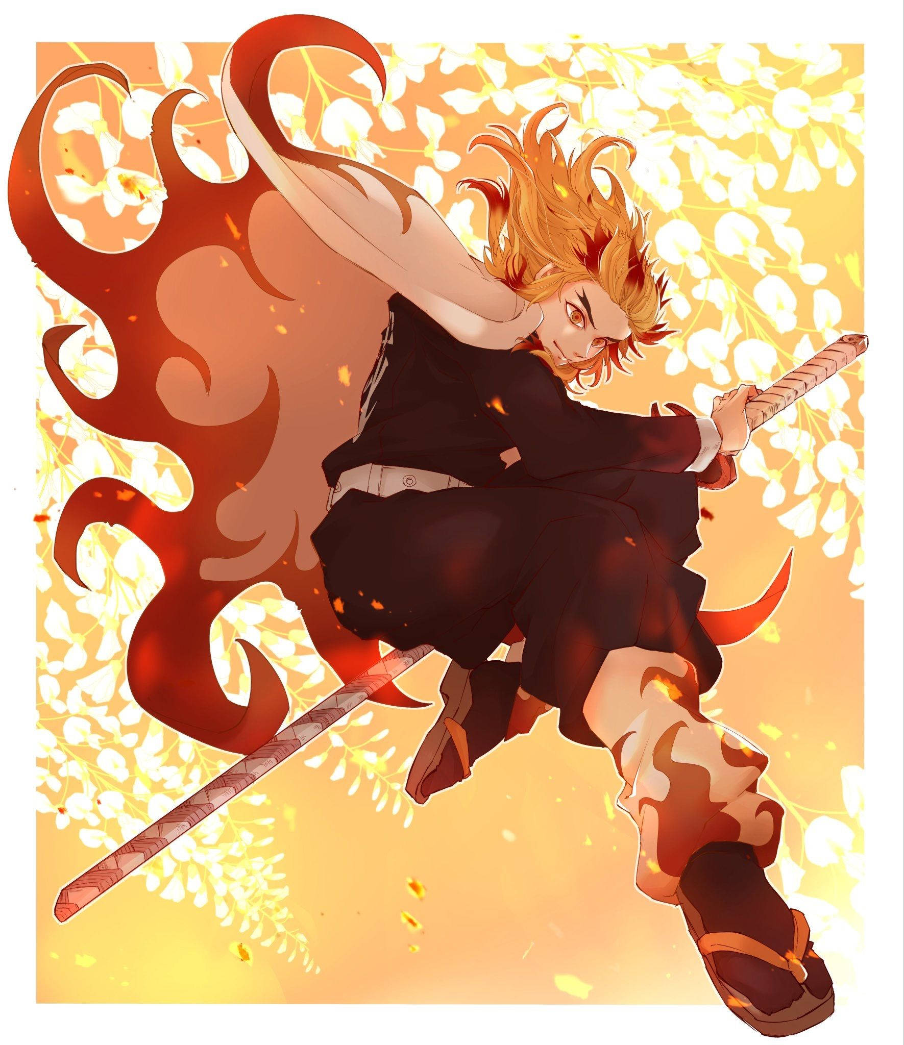 Ang takas na mandirigma Kyojuro Rengoku ay nagpapakita ng walang takot na pose Wallpaper