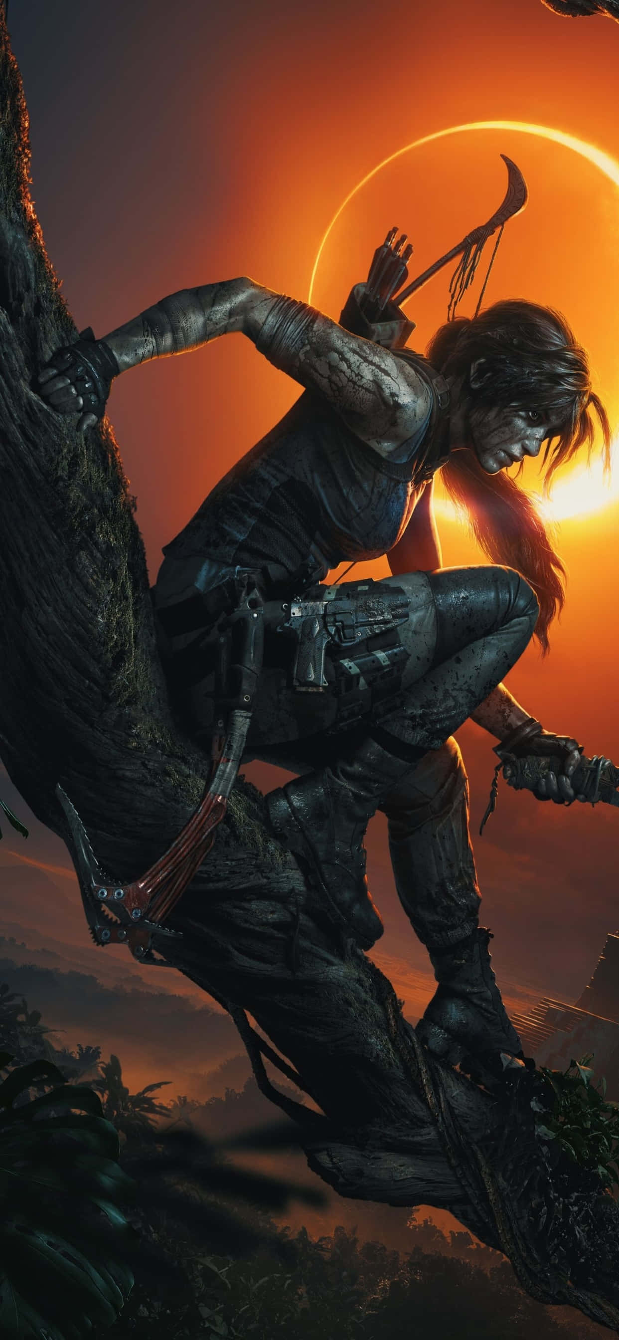 ang tomb raider ay nasa gubat na may araw sa likod niya Wallpaper
