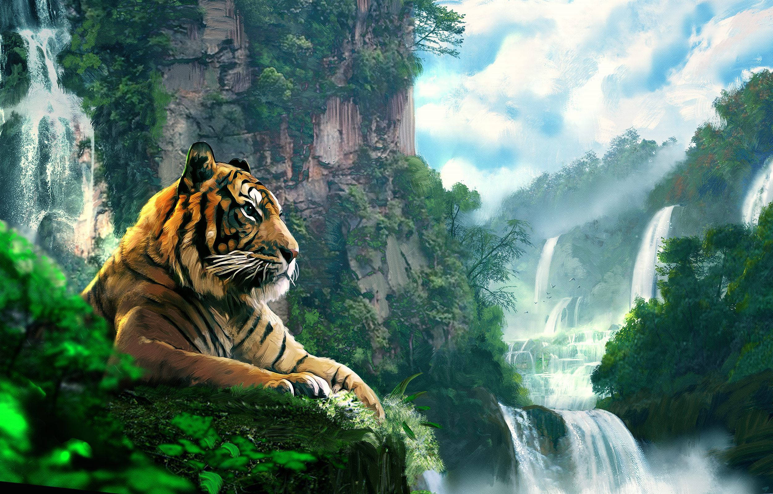 Tigre Malapit sa Talon na Pintura Wallpaper