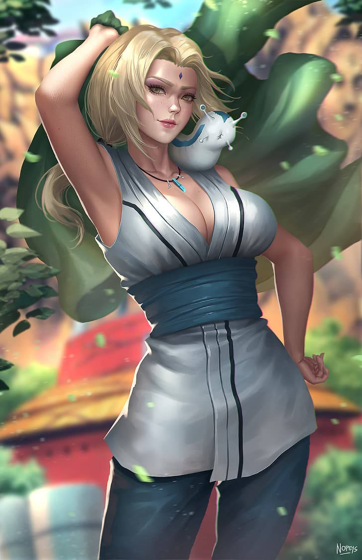 Tsunade na Nagpapose sa Labas Kasama si Katsuyu Wallpaper