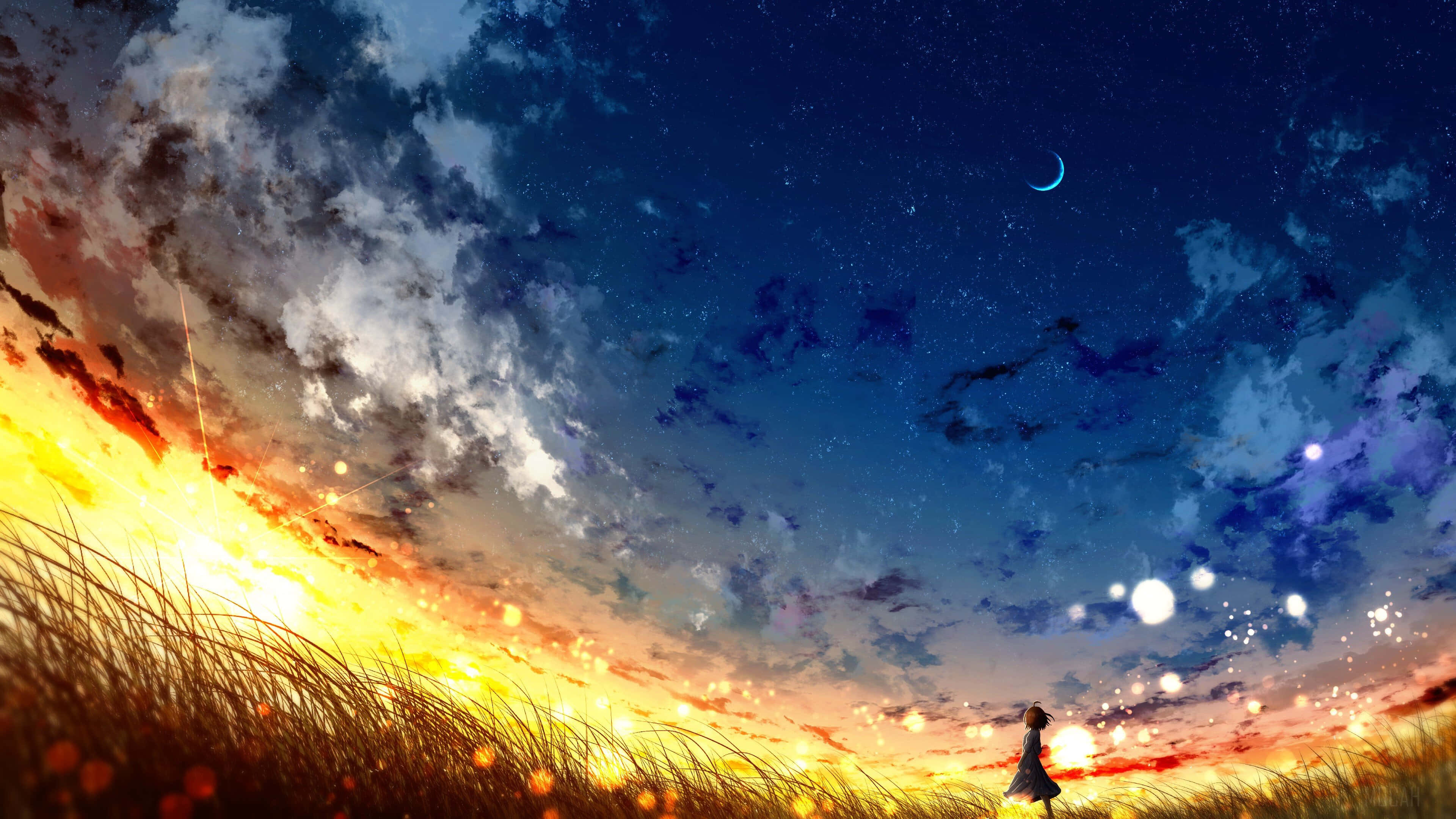 Tuklasin ang takip-silim na kalangitan ng Anime Landscape Wallpaper