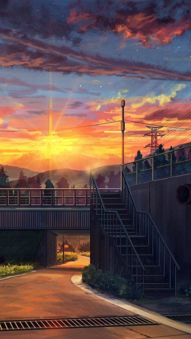 Tulay at Kalsadang Walang Sasakyan sa Paglubog ng Araw na Anime Aesthetic Wallpaper