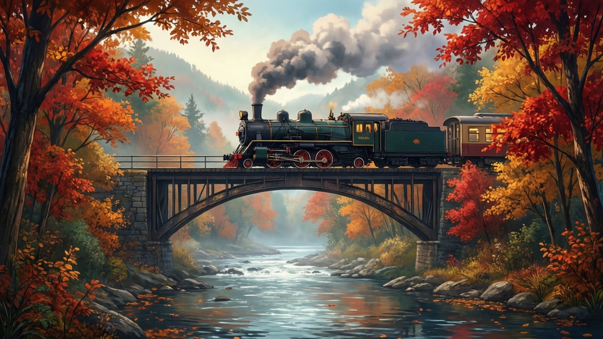 Tulay ng Tren sa Taglagas Wallpaper