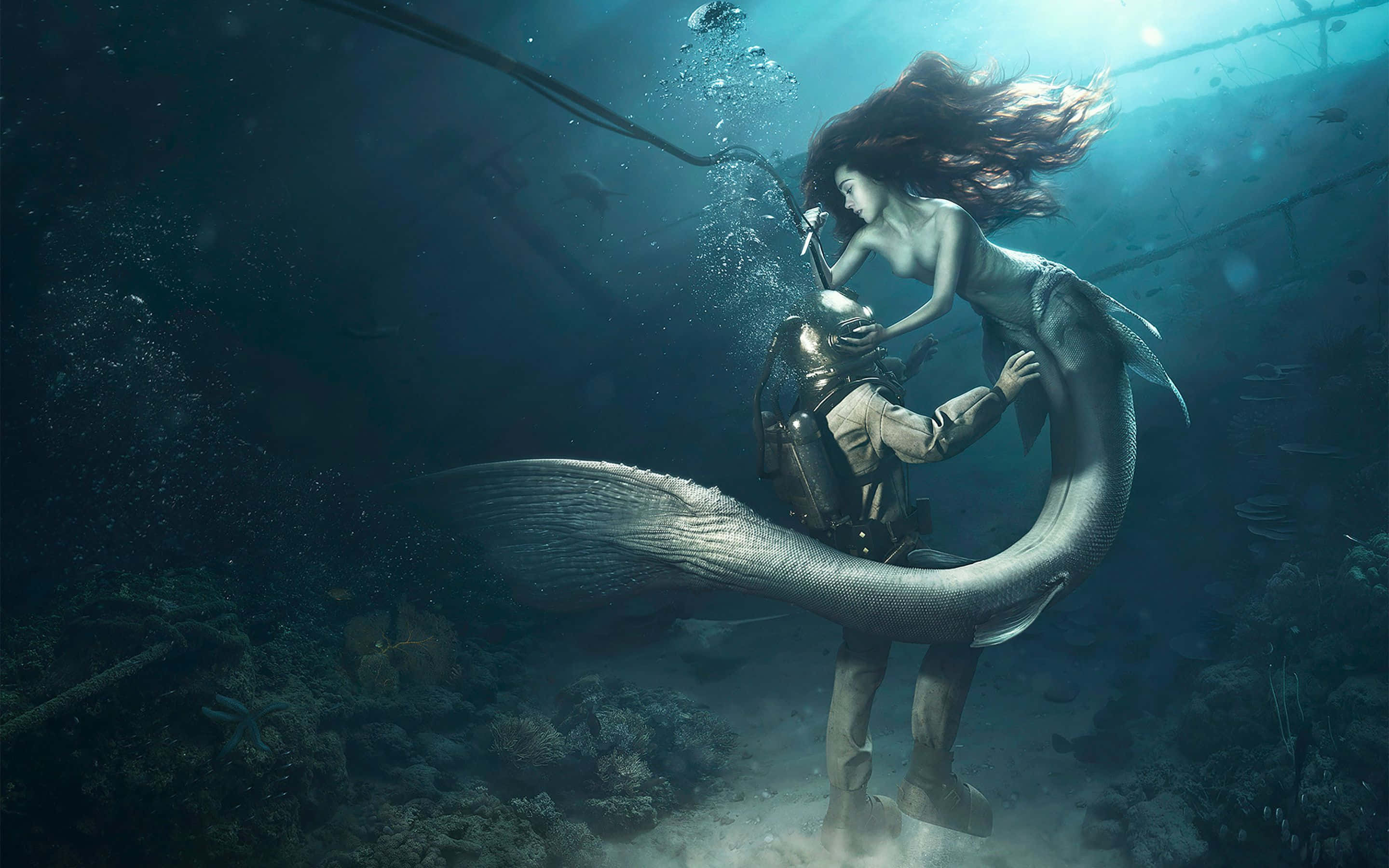 Tunay na Sirena Kasama ang Isang Maninisid Wallpaper
