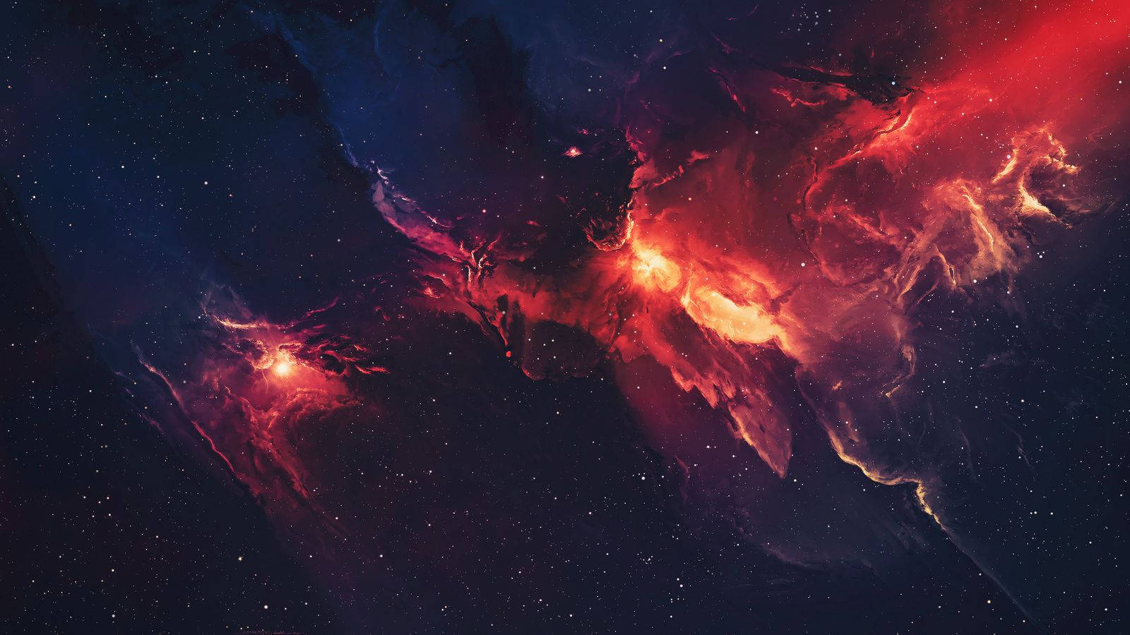 Dalawang maliwanag na pagsabog ng nagliliwanag na pula ay lumabas papunta sa isang spiral galaxy ng mga bituin. Wallpaper