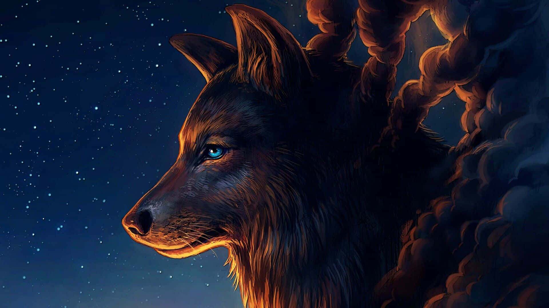ulo ng lobo na may asul na mga mata at mabituwin na langit Wallpaper