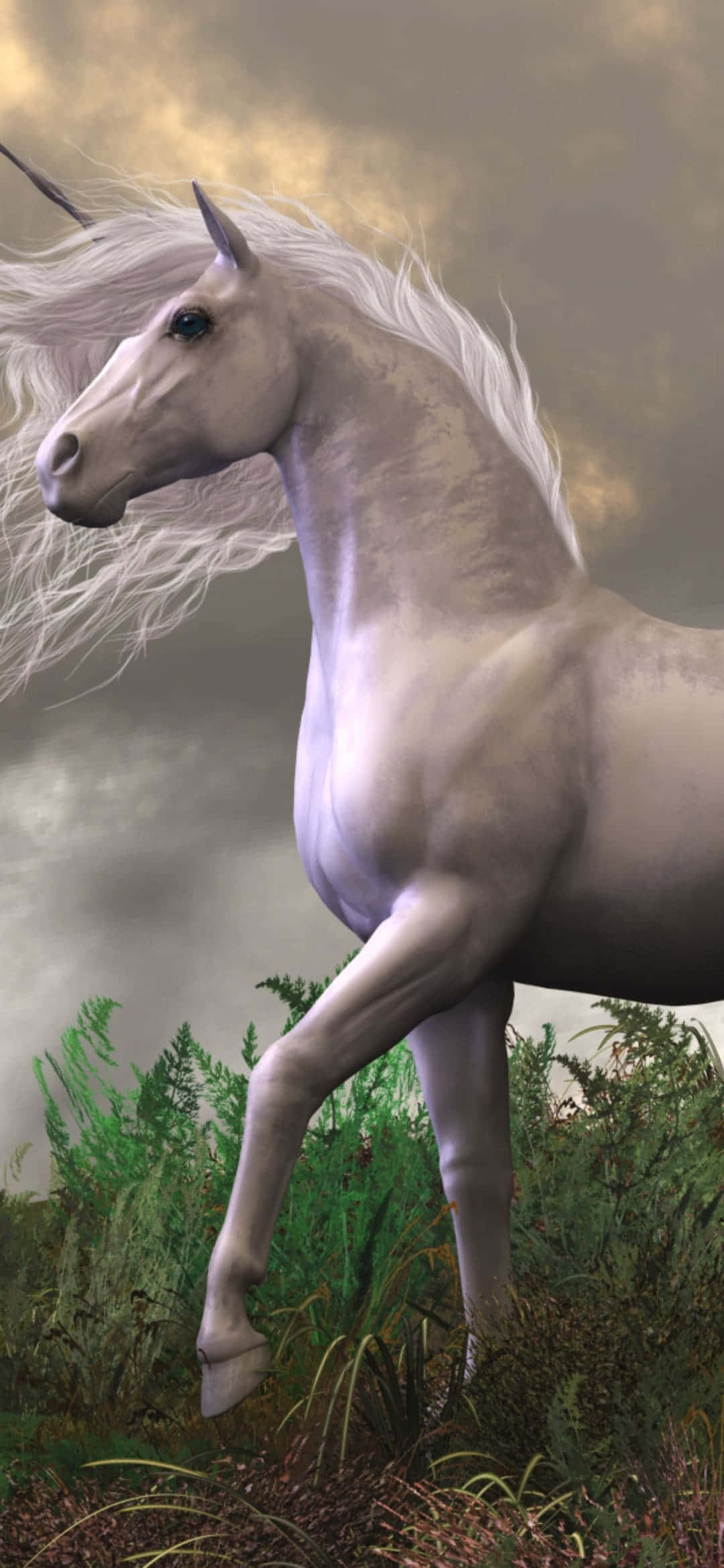Unicorn na may Puting Mahabang Buhok na Background Wallpaper