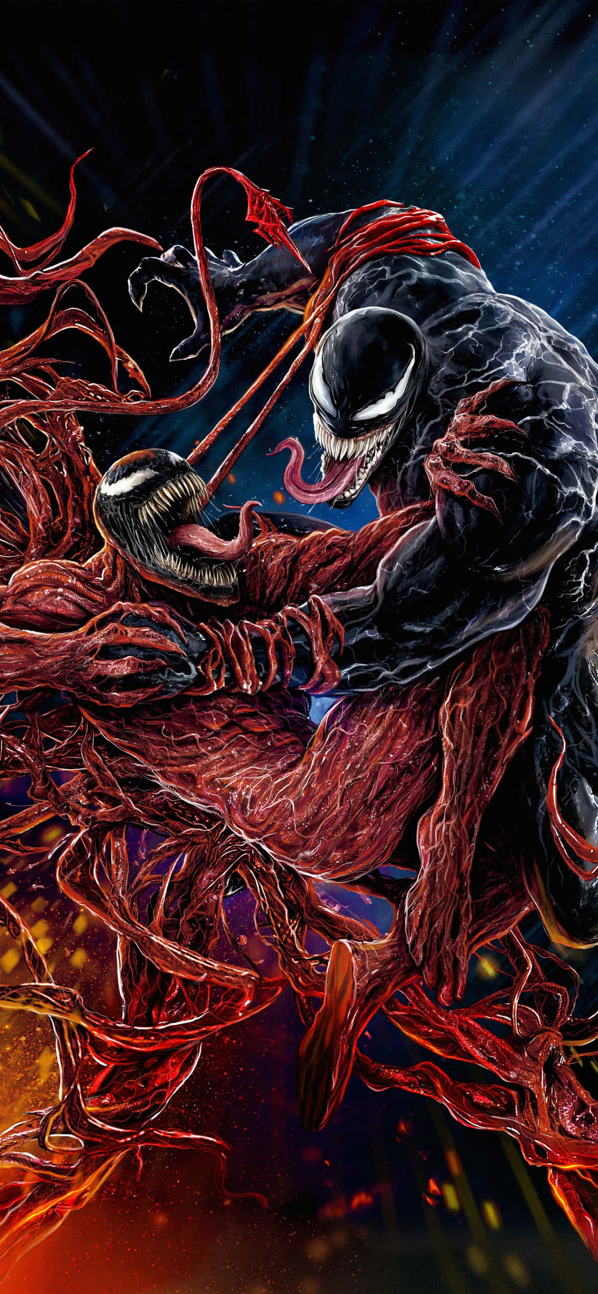 venom is fighting with a red - colored creature Wallpaper
