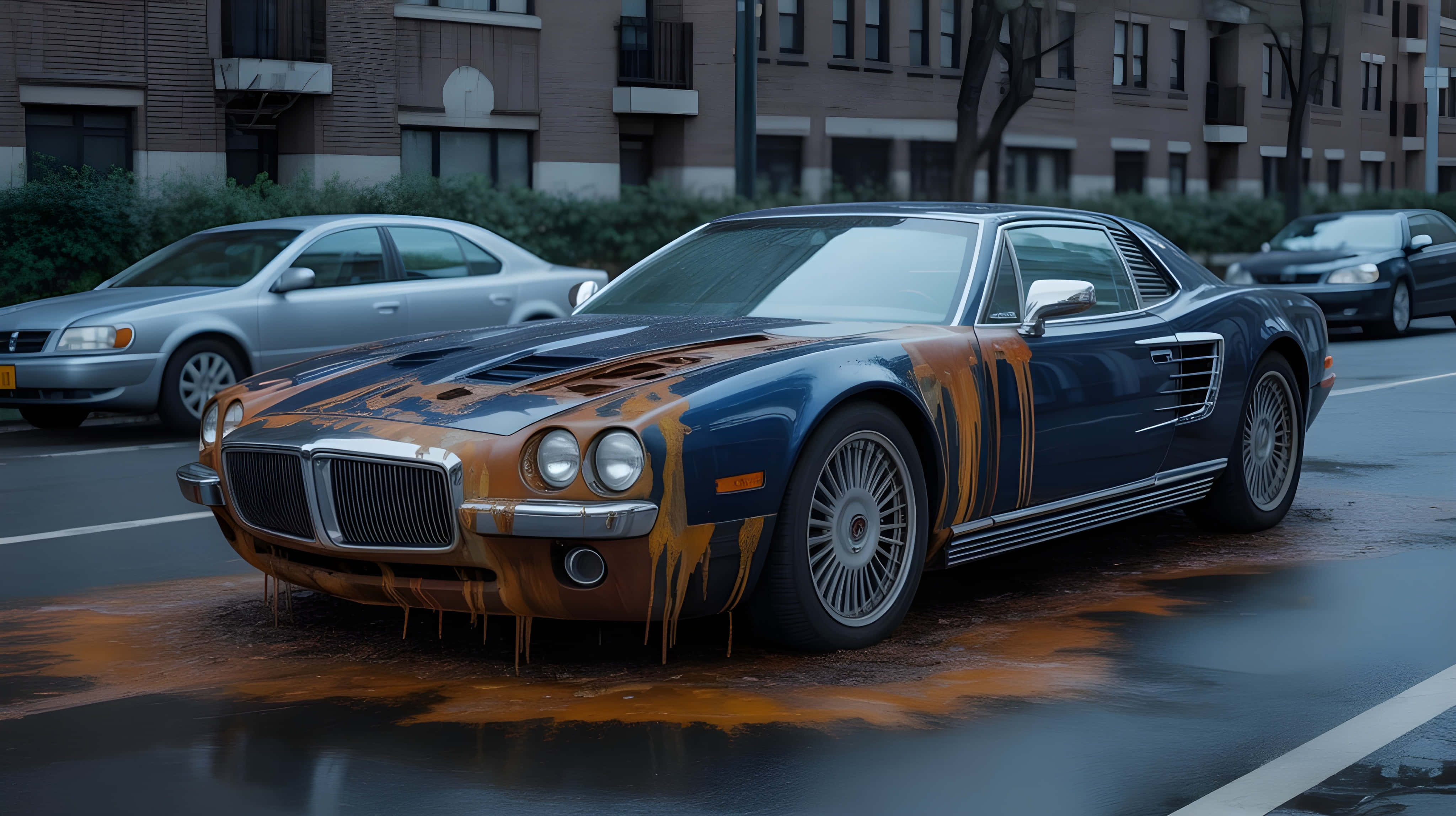 Vintage Asul na Luxury na Sasakyan na May Artistic na Rust Textures Wallpaper