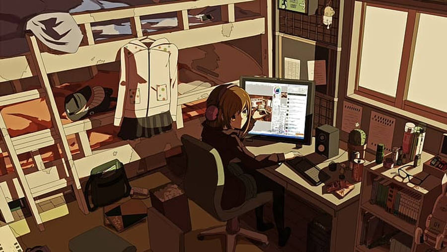 Workstation ng Babaeng Anime na may Laptop na Nailawan ng mga Anino Wallpaper