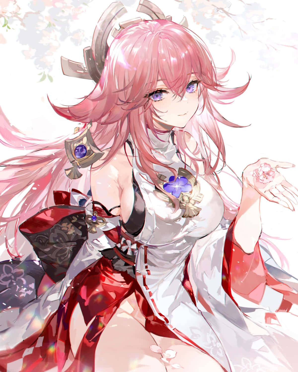 Yae Miko Profile Picture sa Ilalim ng Puno ng Bulaklak Wallpaper