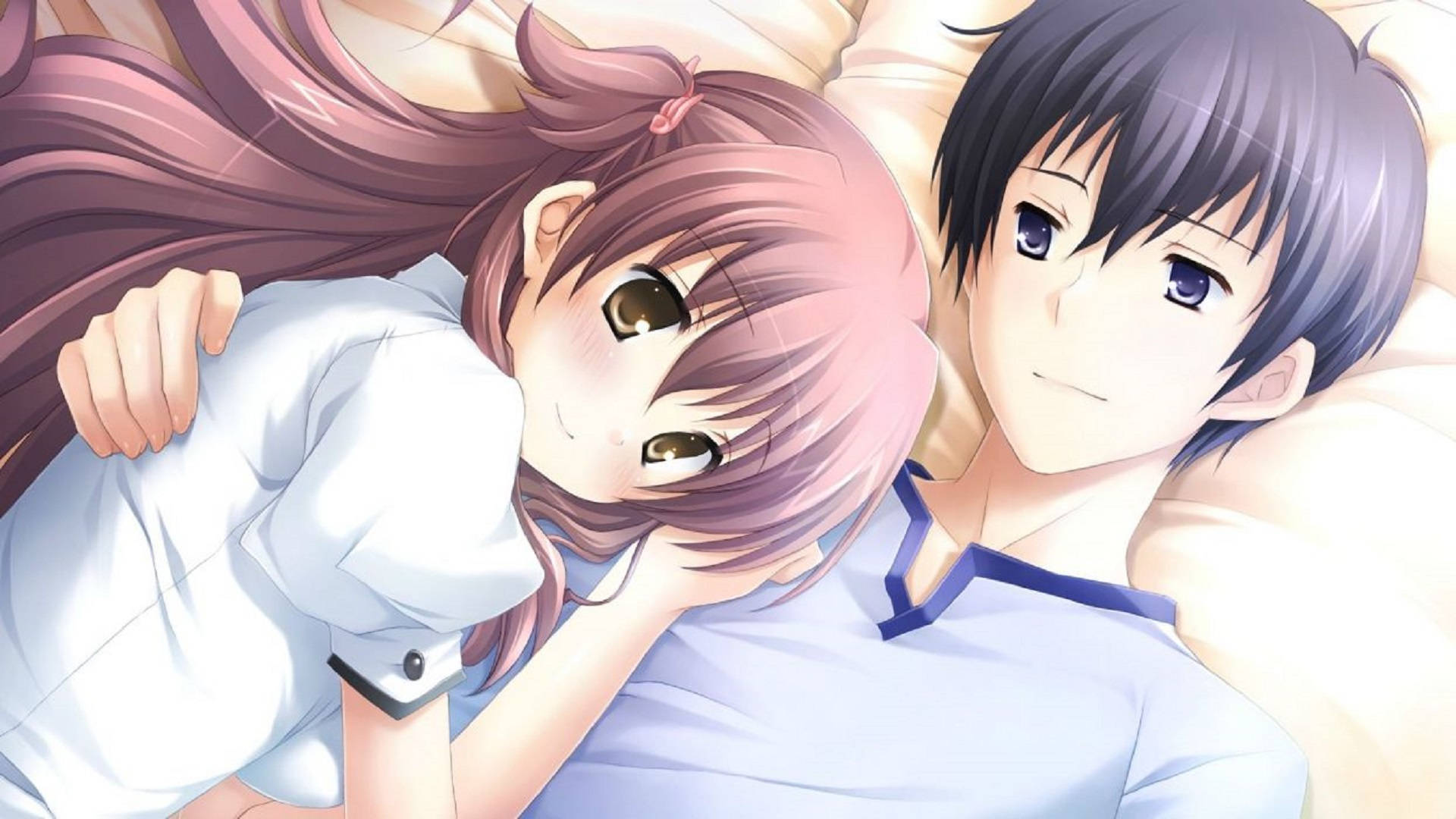 Yakap ng Anime na Lalaki at Babae sa Kama Wallpaper