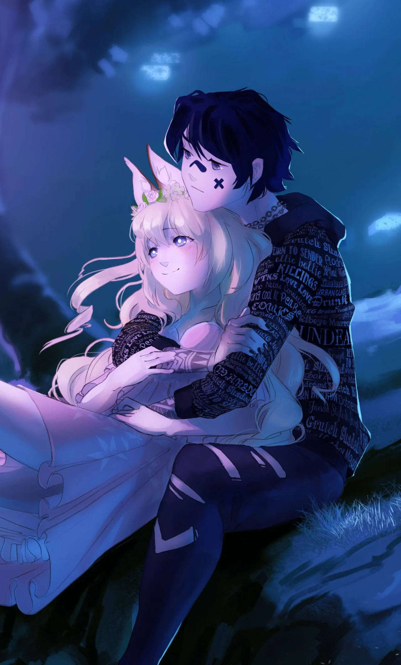 Yakap ng Anime sa Ilalim ng Gabing Langit Wallpaper