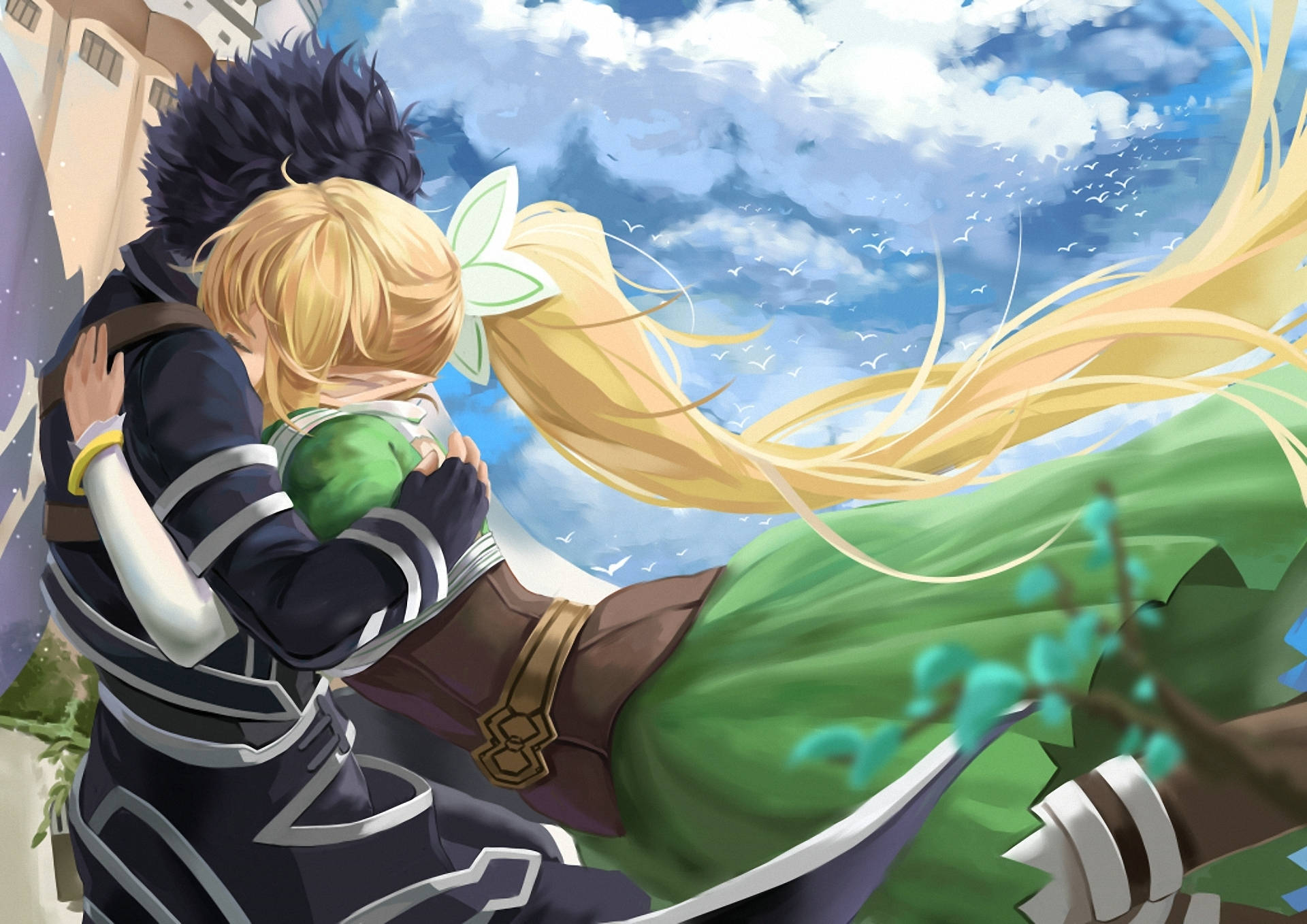 Yakap ng Anime sa Ilalim ng Maulap na Kalangitan Wallpaper