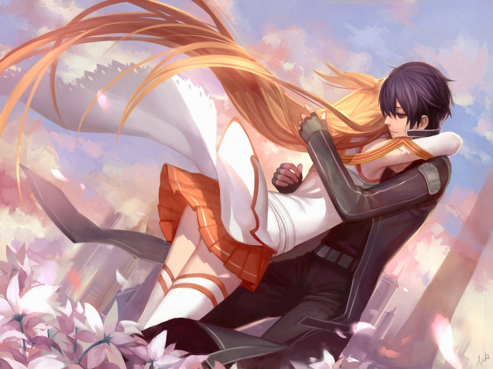 Yakap ng Isang Binata at Isang Babaeng May Blonde na Buhok sa Anime Wallpaper