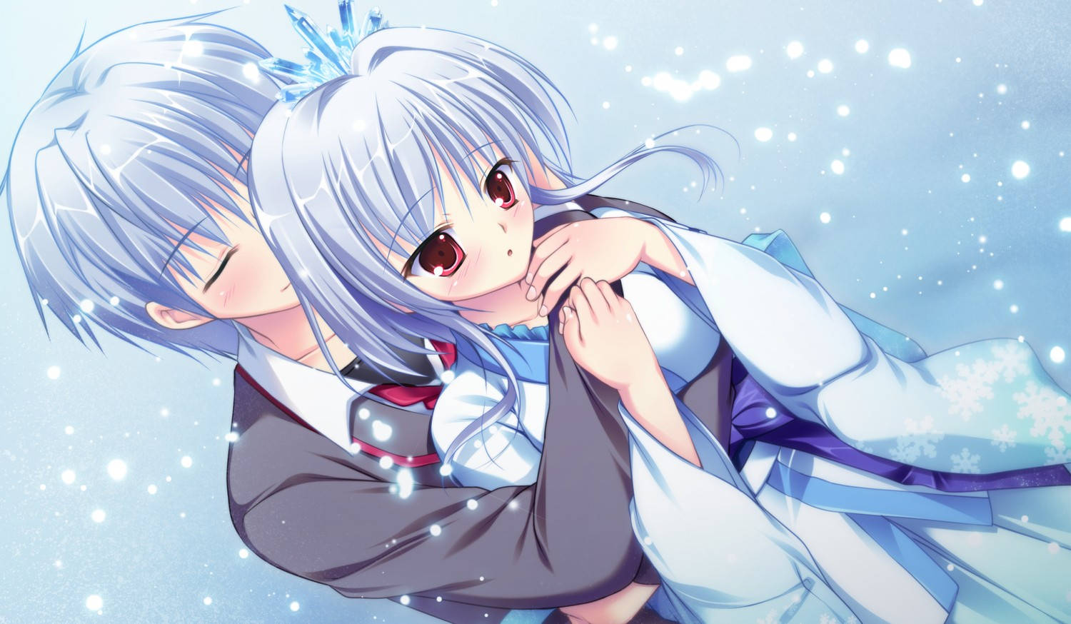 Yakap ng Magkasintahang May Asul na Buhok sa Anime Wallpaper