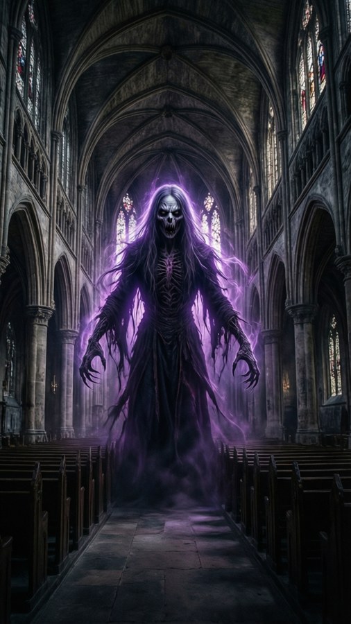 Lumilitaw si Omen mula sa kadiliman sa isang nakakatakot na katedral para sa wallpaper na ito ng Valorant.