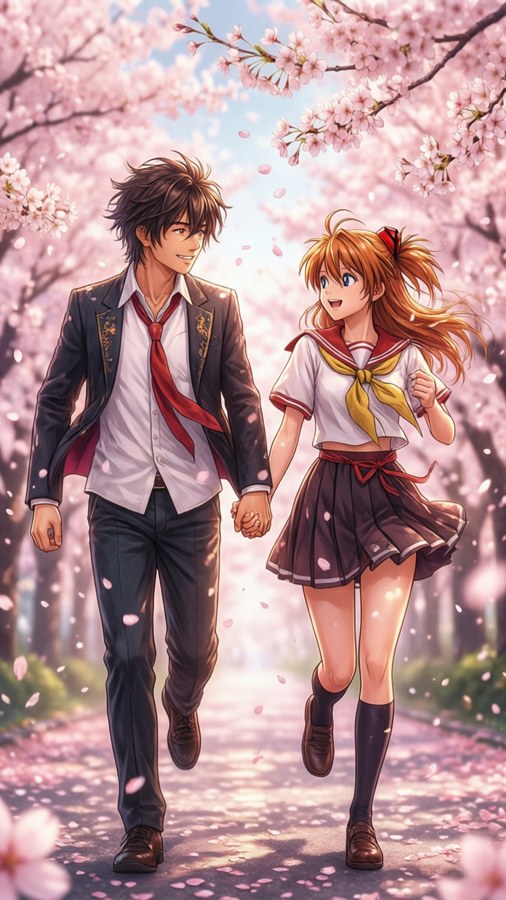 Sabay na tumatakbo sina Takemichi at Hinata sa isang romantikong eksena ng cherry blossoms.