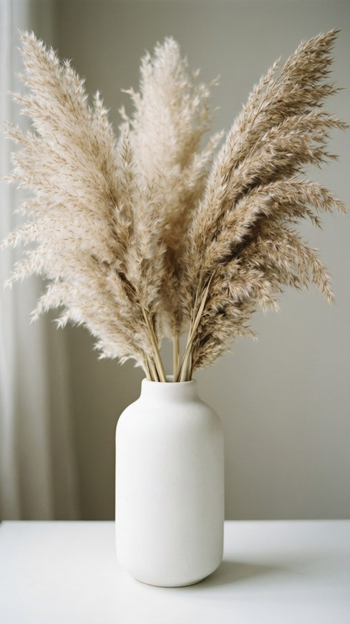 Puting plorera na may tuyong pampas grass, boho minimalist na estetika.