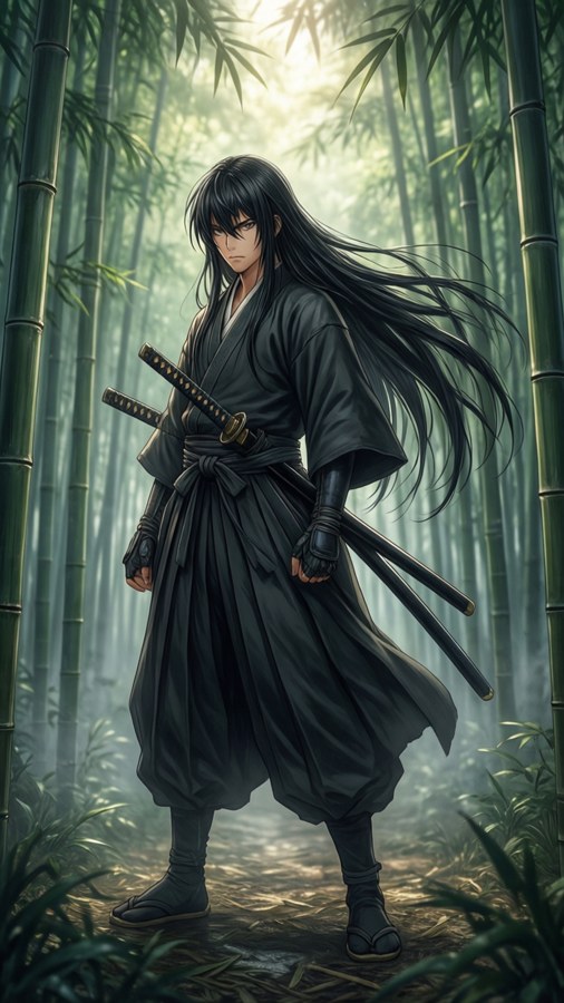 Isang tradisyonal na anime na batang samurai sa maulang kagubatan ng kawayan.