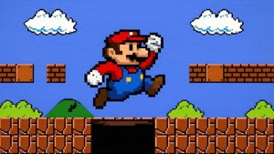 Sining pixel ng si Mario na tumatalon sa isang hukay sa klasikong 8-bit na antas ng Super Mario, retro at nostalhiko. — Mario Wallpaper