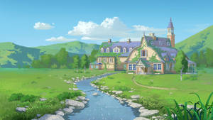 Creek house na may berdeng landscape mountain hills cartoon art wallpaper. — iMac Wallpaper