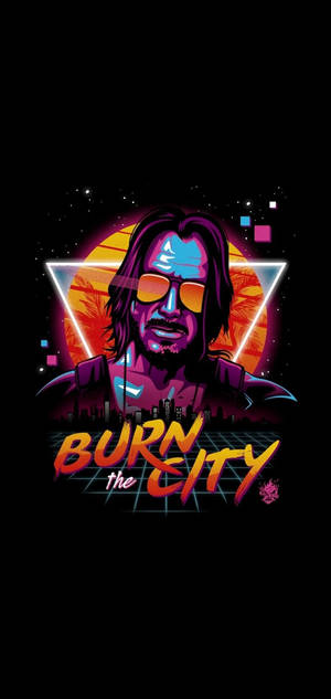 AMOLED wallpaper ng digital artwork ni Keanu Reeves na may tagline na BURN THE CITY.