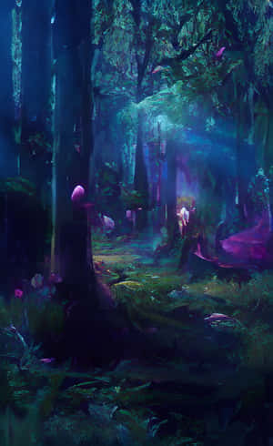 a forest with a lot of trees and a lot of purple lights — Honor Pad X8b Wallpaper