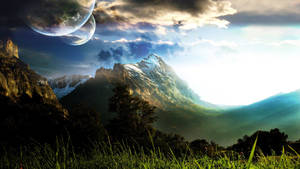 Scenic nature fantasy edit na may dalawang malaking buwan na wallpaper.