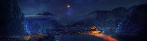 Animated holiday cottage sa madilim na wallpaper.