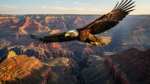 Isang agila na lumilipad sa ibabaw ng Grand Canyon sa ginintuang oras.