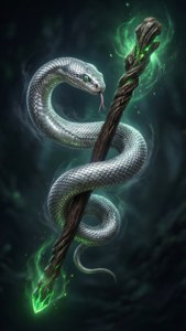 Isang ahas na nakapulupot sa isang patpat na liwanag. — Slytherin estetiko Wallpaper