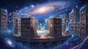 Isang mapaglaraw na eksena ng anime ng isang lumulutang aklatan sa kalawakan — Anime scenery GIF Wallpaper