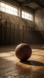 Nag-iisang basketball sa sahig na kahoy na naliligo ng sikat ng araw at nostalgia. — Basketball GIF Wallpaper