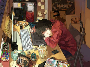 Anime Guy Natutulog Sa Laptop Trackpad