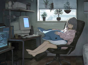 Anime na Babae Natutulog sa Harap ng Laptop