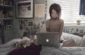 Anime na Babae Nagtatrabaho Gamit ang Laptop sa Kama