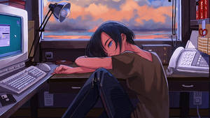 Anime na Babae Pagod sa Harap ng Laptop