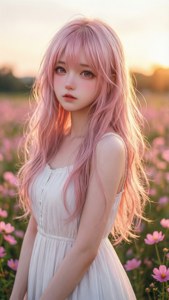 Isang magaan na rosas na aesthetic na anime na babae sa isang bukid ng mga bulaklak sa paglubog ng araw.
