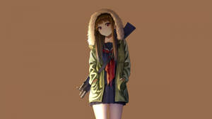 Wallpaper ng Anime na Babaeng Naka-hoodie na May Baril