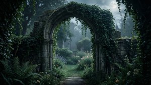 Misteryosong arko na bato na may ivy sa liwanag ng buwan. — Dark academia GIF Wallpaper