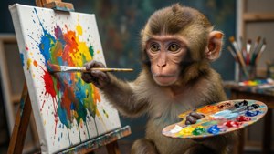 Isang cute na unggoy na artista na nagpipinta sa canvas gamit ang palette. — Cute Monkey Wallpaper