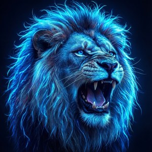 Sining digital ng isang umuungal na leon na may neon blue na kiling