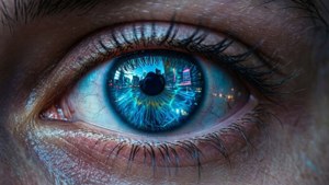 Close-up ng isang mata na may neon asul na glow, istilong cyberpunk