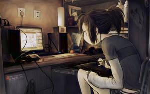 Babaeng Anime Nalilito sa Harap ng Laptop